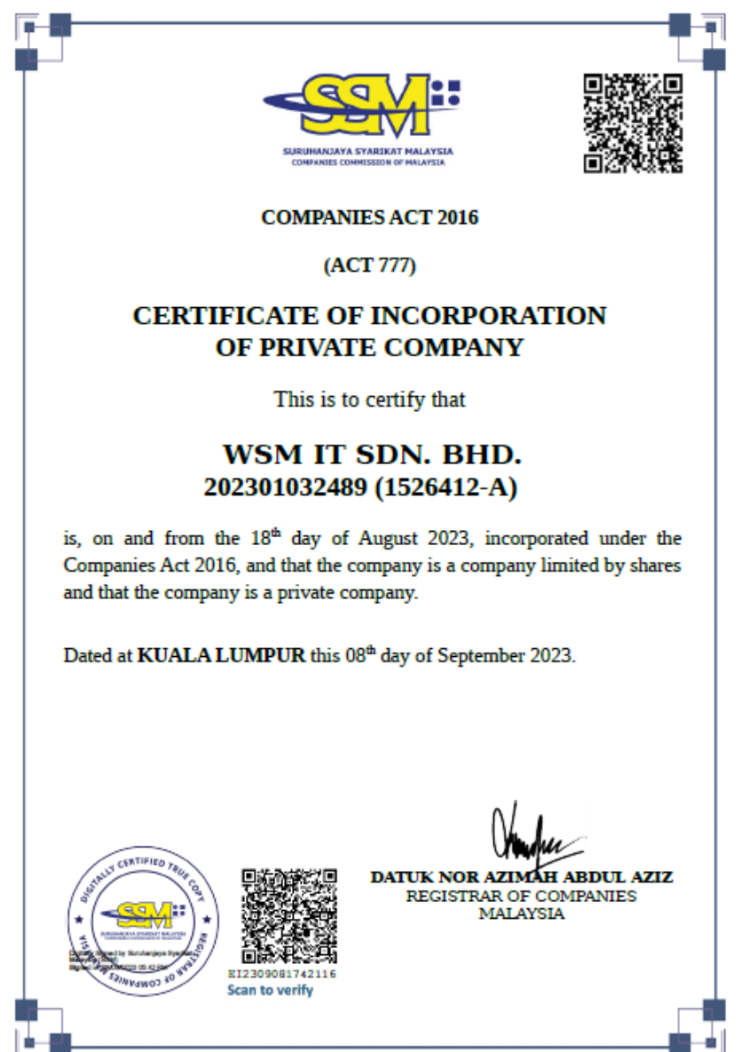 WSM IT SDN BHD certificate of incorporation